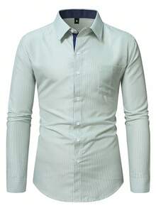 Manfinity Mode Camisa casual de manga larga de solapa única a rayas para hombre, otoño - Verde - Ver 3