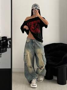 StreetHx 1 Áo thun nữ dáng rộng phong cách cao bồi cỡ lớn, màu đen, dáng rộng - màu đen - Xem 3