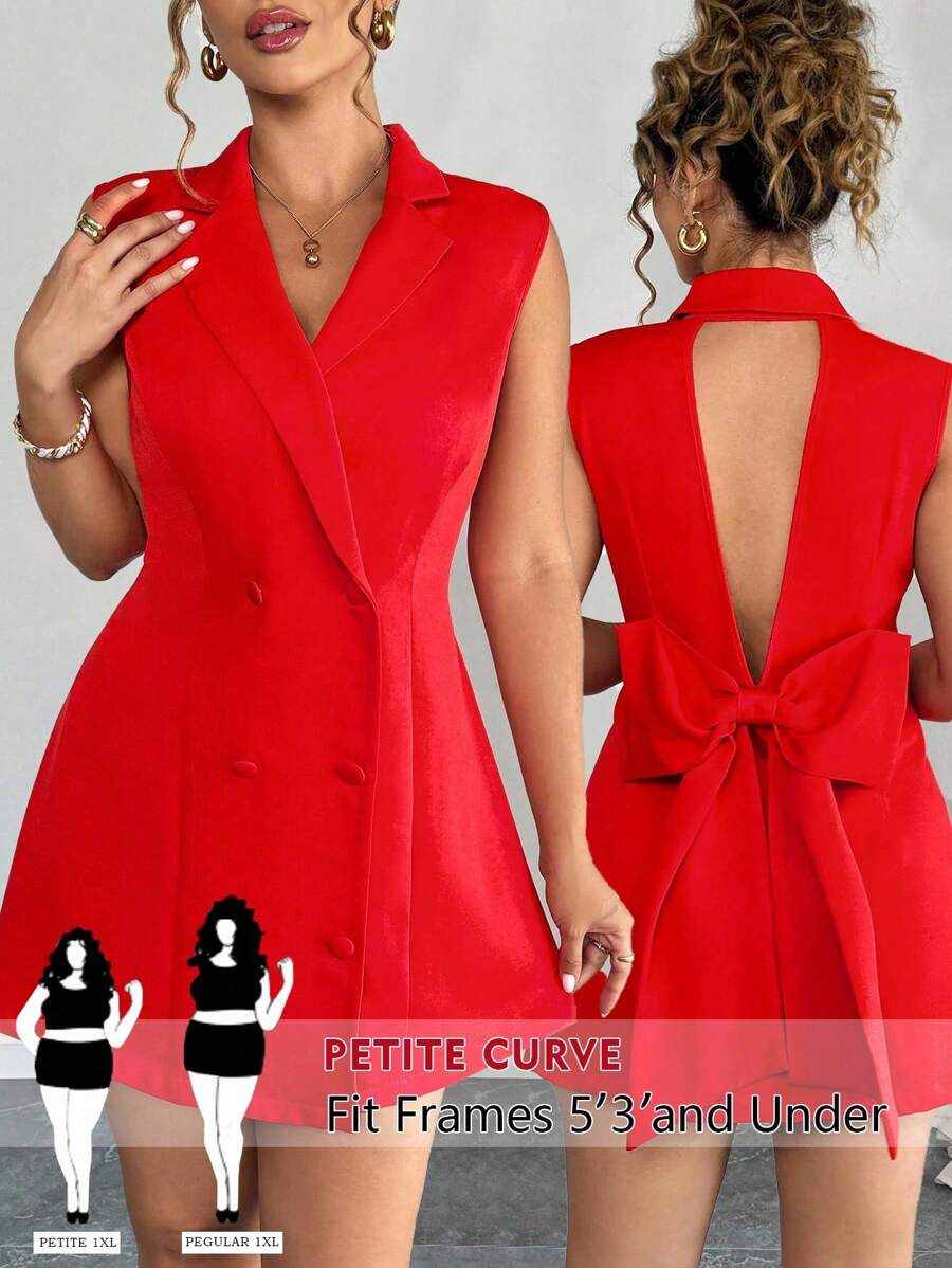 SHEIN PETITE 大码无袖纯色连衣裙，夏季时尚 - 紅色 - 查看 1