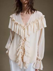 Ontre Damen Büromode, Hochzeitsgast, Geburtstag, Lehrerin, Club Outfit, Herbst/Winter, vintage-inspirierter Business Lässig, elegante Pendler- und Urlaubsmode, langärmliges Top mit Rüschensaum Einfarbig