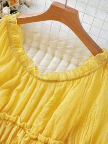 SHEIN Unity 大码女式欧根纱褶饰圆领荷叶边上衣和半身裙两件套套装