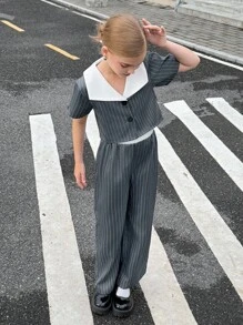 SHEIN 2 pièces Ensemble : Top rayé et pantalon de mode française. Veste courte avec fermeture à boutons avant, pantalon large taille haute, convient pour le port quotidien et les vacances, printemps/automne