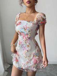 Selianne New Retro Ditsy Floral Mesh Frill Hem Form-Fitting Slip Dress, Elegant & Beautiful, Spring/Summer - Multicolor - View 3