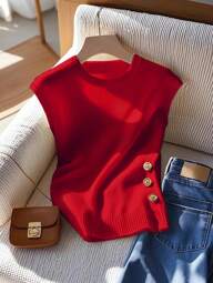 GlowEve Ladies' Summer Casual Solid Color Button Decorated T-Shirt, Versatile