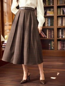 Vintamour Vintage Classic Elegant Women's Belted Pocket Pleated A-Line Skirt, Plaid Pattern, Spring/Summer Fall Women Clothes Winter Clothes Back To School Business Casual Woman Office Outfits For Women Work Clothes Women Teacher Outfits For Women Gingham - Coffee Brown - View 4