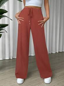 SHEIN EZwear 女士休闲玫红色亚麻抽绳腰斜口袋阔腿裤 - 玫瑰紅 - 查看 5