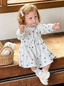 SHEIN Baby Girl Spring&Autumn Casual Printing Long Sleeves Dress - Beige - View 1