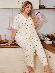 INS Cute Cherry Print Lace Patchwork Collar Short Sleeve Cardigan & Pants Plus Size Pajama Set - Multicolor - View 4