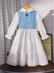 Girls White Shirt-Style Dress | Contrast Blue Knit Fabric | Bowknot Decor | Spring/Autumn Back To School, Fashion & Romance - White - View 2