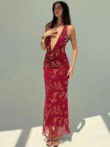 Aloruh Stylish Deep V-Neck Sequin Dress For Music Festival Party - Burgundy - View 3
