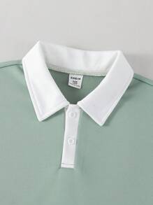 SHEIN Explorewe 2 件套男童超大绿色 Polo 衫，领口和下摆撞色，百搭夏季服装，搭配短裤，适合度假、上学、旅行、街头、嘻哈、音乐节等场合，秋冬 - 彩色 - 查看 7