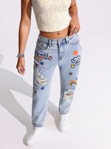 SHEIN Tall Jeans de tiro medio con pierna entallada, rasgados y con estampado de graffiti casual - Azul lavado medio - Ver 6