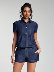 Jeanoix 短袖皱褶纽扣牛仔水洗休闲衬衫 - 深色水洗藍 - 查看 7