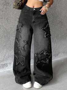 Coolane 少女饶舌歌手运动休闲垃圾摇滚星形图案水洗牛仔裤