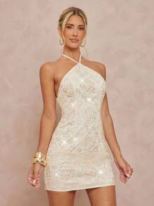 Lumalex 全白派对套装 女士 秋季 低调 复古 闪亮 假日派对 感恩节 派对 狂欢节 外出 游泳 度假 波西米亚风 海滩 户外 层次丰富 婚礼季 宴会 成人礼 海滩 海边 女士花卉亮片装饰露背迷你派对连衣裙,时尚白金连衣裙 闪亮白连衣裙 白色蕾丝连衣裙 露背连衣裙 招待会礼服 - 杏色 - 查看 2