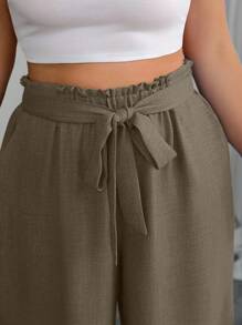 SHEIN PETITE 大码女式纯色荷叶边腰带休闲阔腿裤 - 咖啡棕 - 查看 4