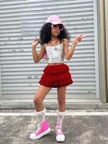 Coolane 青少年女孩春夏/可爱/街头风格蕾丝弹力撞色蕾丝白色短裤 - 紅色 - 查看 5