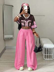 Coolane 女士秋季音乐会狂欢节 Y2K 街头服饰复古粉色阔腿运动裤 - 粉色 - 查看 6