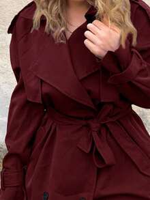 Jeta Ari New Windproof Coffee Color Versatile Extra Long Cinched Waist Double Breasted Decorative Button Down Trench Coat With Oversized Collar, British Style - Burgundy - View 3