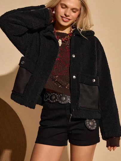 Bóhologie Black Teddy Bear Button Front Sherpa Jacket Cozy Plush Fleece Winter Outerwear Fuzzy Oversized Comfortable Shearling Soft Warm Black Jacket Women Women Jacket Jackets For Women Casual Black Sherpa Jacket Teddy Jacket Women,Coat,Trench Coat,Coats