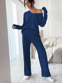 SHEIN Cottnline طقم بنطال طويل بأكمام طويلة ولون سادة للحياة اليومية قطعتين للنساء متعدد الاستخدامات - الأزرق - مشاهدة 4