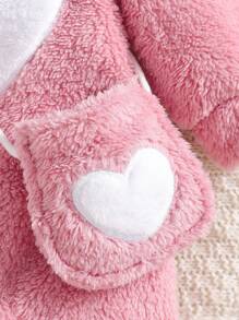 SHEIN Playful Pals 1pc Baby Girls Long Sleeve Fleece Romper, Heart Embroidery Fluffy Pink Jumpsuit With Crossbody Bag, Soft & Warm, Reinforced Crotch, Daily Casual Outfit For Winter