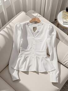 INAWLY Blusa elegante de manga larga con cuello en V y botones frontales de unicolor para mujer