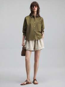 Ontre 2025 Autumn Embroidered Collar Long Sleeve Casual Shirt, Partial Hollow Embroidery Vacation Style Loose Fit Embroidered Collar Long Sleeve Shirt, Women Casual Everyday Business Blouse, Teacher Shirt Modern Urban Casual Fashion Business Casual Women's Office Wear Low-Key Old Money Style Effortless Temperament High-End Urban Commuting High-Quality Airport Women's Wear High-End Material Low-Key And Durable Basic Style, All-Match And Suitable For Everyone, Street Fashion Wear, Coffee Shop Wear, Rela - Army Green - View 6