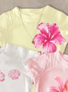 SHEIN 3 件套青少年女孩修身休闲舒适圆领长 T 恤，适合夏季 - 彩色 - 查看 5