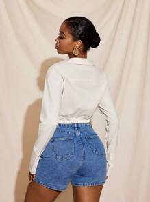 Harviee Áo crop top vải lanh dáng phồng có cổ cài nút, tay áo rộng cho nữ - Màu be - Xem 2