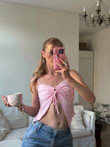 CovetEZ Women's Baby Pink Summer Elegant Y2k Night Out Butterfly Embroidery Backless Camisole Top,Ring Drawstring Asymmetrical Split Hem Perspective - Pink - View 11