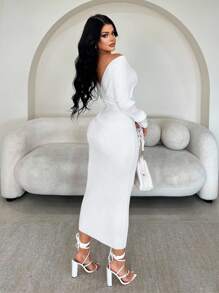 SHEIN SXY 女士性感优雅白色 V 领露肩长袖修身毛衣裙，适合日常穿着、办公室、约会、休闲、派对、感恩节、圣诞节白色中长裙白色长袖连衣裙白色紧身连衣裙罗纹中长裙秋冬 - 白色 - 查看 2
