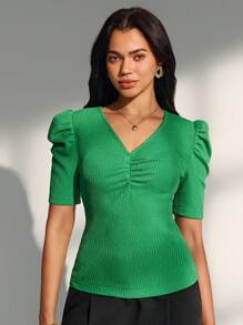 SHEIN Unity Women's V-Neck Gigot Sleeve Fitted Green Knitted Top - Green - View 6