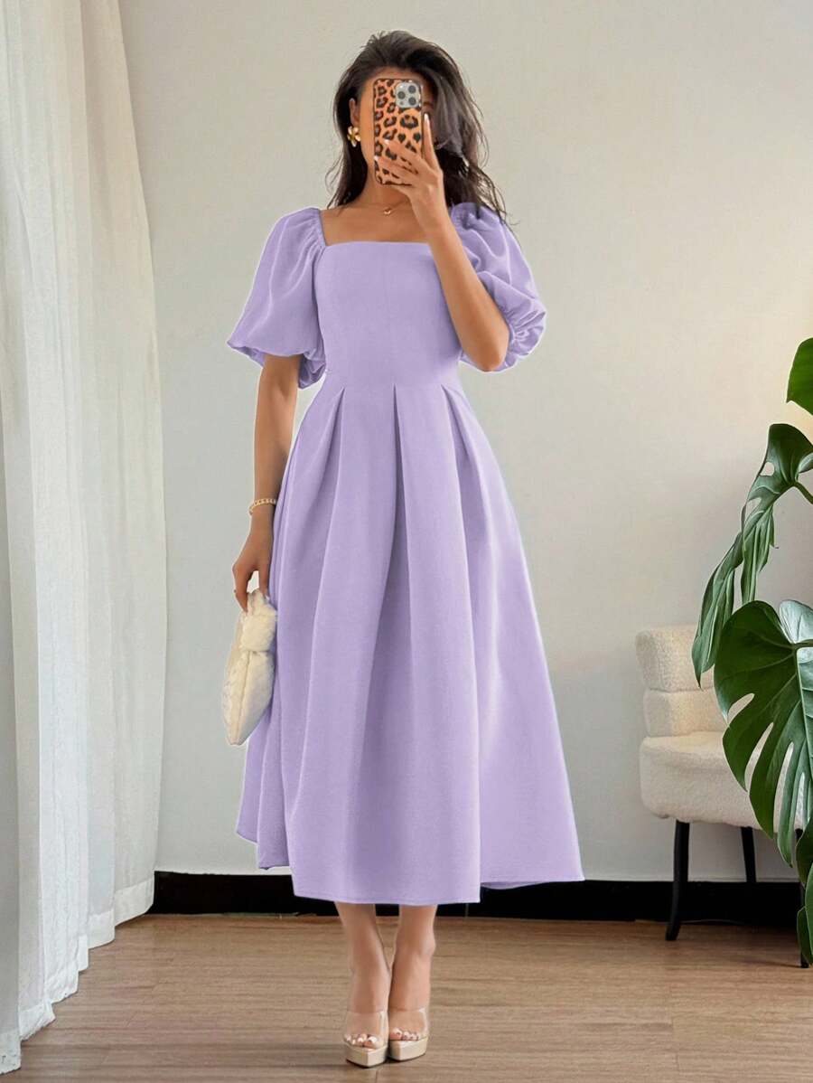 Elenzga Women's Purple Elegant Summer Wedding Dress,Simple Commuting Business Casual Square Neck Ruffle Hem Puff Short Sleeve Solid Color Vacation Dress - Mauve Purple - View 1