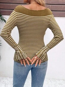 Chiquease Women's Elegant Green And White Striped Knit Top,Autumn Ribbed Scoop Neck Long Bell Sleeves Ruffle Detail Pullover,Casual Brunch Fall Winter Knitwear - Khaki - View 2