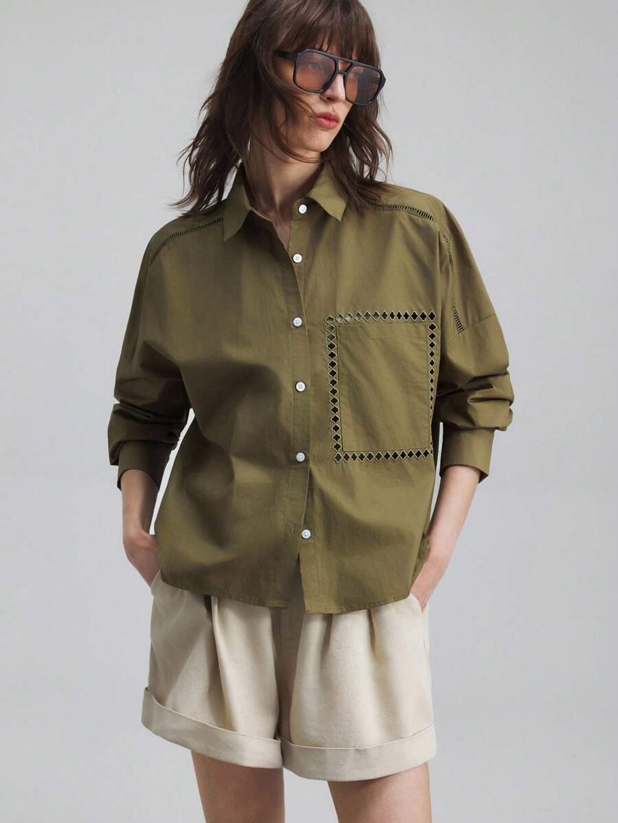 Ontre 2025 Autumn Embroidered Collar Long Sleeve Casual Shirt, Partial Hollow Embroidery Vacation Style Loose Fit Embroidered Collar Long Sleeve Shirt, Women Casual Everyday Business Blouse, Teacher Shirt Modern Urban Casual Fashion Business Casual Women's Office Wear Low-Key Old Money Style Effortless Temperament High-End Urban Commuting High-Quality Airport Women's Wear High-End Material Low-Key And Durable Basic Style, All-Match And Suitable For Everyone, Street Fashion Wear, Coffee Shop Wear, Rela - Army Green - View 1