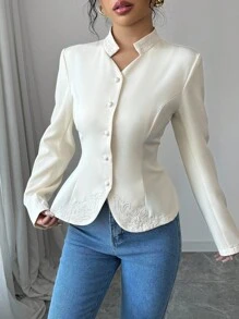 Selianne Women's French Elegant Long Sleeve Embroidered Stand Collar Button Decor Blouse, Spring/Autumn Women Shirt Fall Cloth For Women