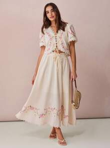 Enchnt 秋冬浪漫女式杏色休闲度假风花卉刺绣V领泡泡袖蕾丝拼接前系结露脐上衣，甜美优雅，适合度假、约会、节日、生日、毕业典礼、办公、外出等场合，秋季女式上衣，秋季返校季，波西米亚风 - 杏色 - 查看 5