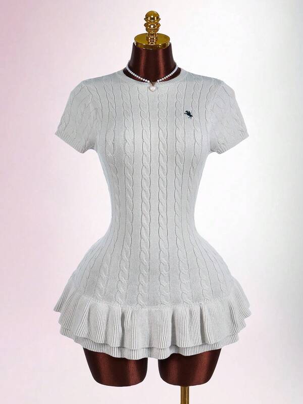 Amplova Women Knight Pattern Round Neck Short Sleeve Ruffled Hem Knit Dress