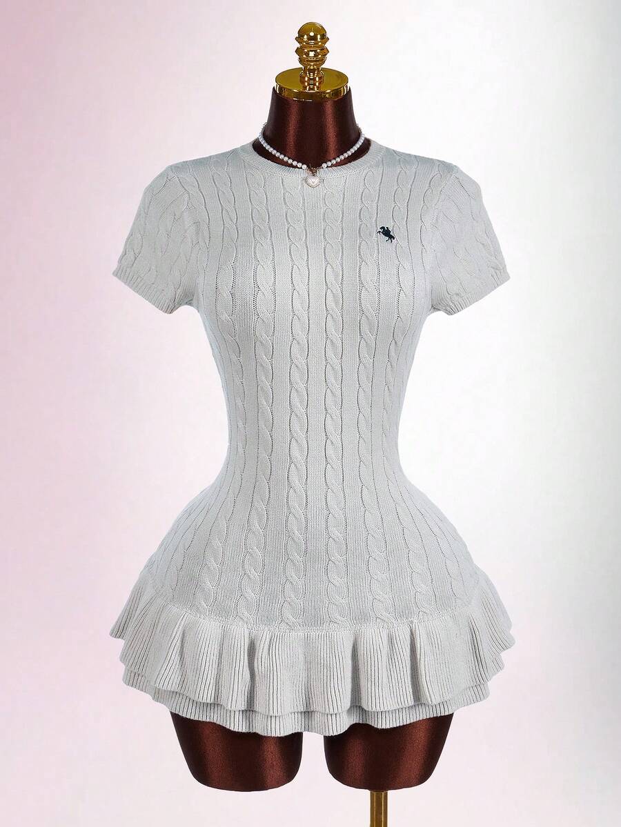 Amplova Women Knight Pattern Round Neck Short Sleeve Ruffled Hem Knit Dress - Grey - View 1