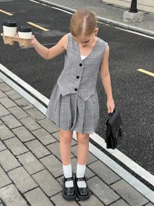 3件套少女套装：图案上衣+吊带背心+格子裙 - 灰色 - 查看 7