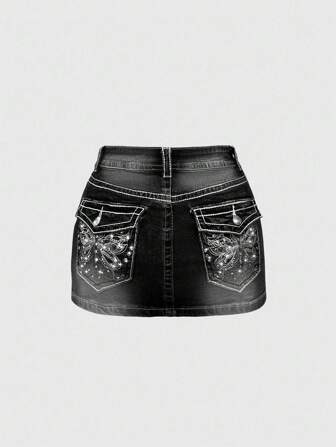 J-Fashion Y2K Retro Low Waist Vintage Butterfly Embroidered Adjustable Contrast Stitching Women Denim Mini Skirt
