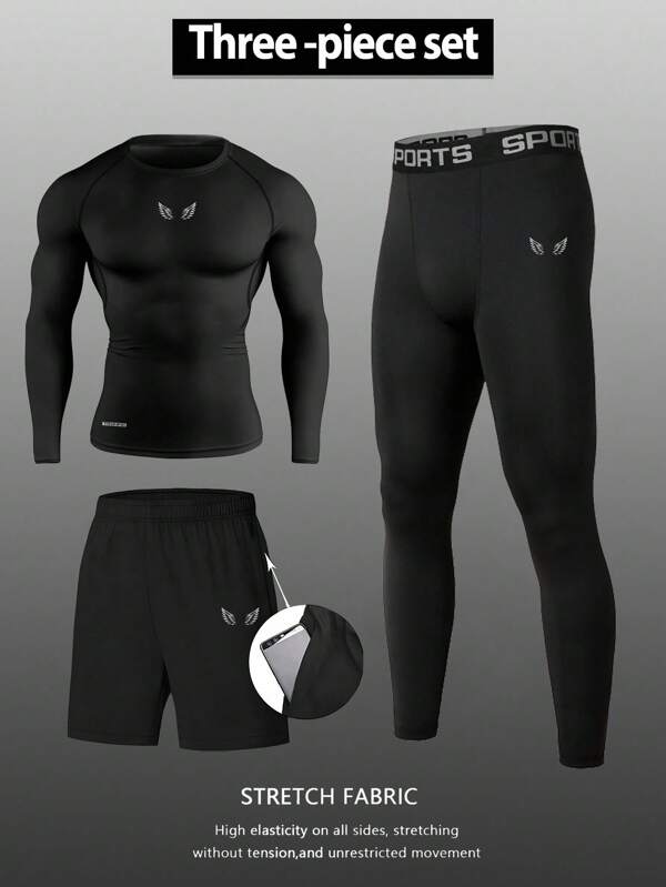 Manfinity Sport Polished Conjunto de hombre que incluye camiseta de manga larga, pantalones cortos con cintura elástica y mallas, conjunto deportivo
