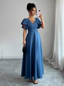 Elenzga V领荷叶边下摆A字裙，优雅浪漫淑女裙，牛仔效果