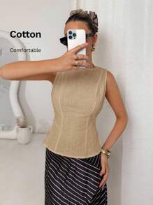 Lavishia Sleeveless Linen White Bamboo Knot Button Slim Fit Office Retro Shirt - Khaki - View 4