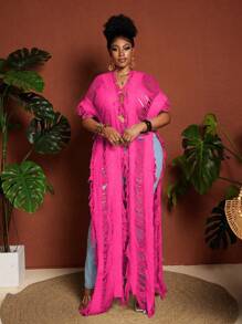 Maweii 大码女式毛衣女士时尚度假流苏镂空超长开衫白色优雅 - 玫紅色 - 查看 1