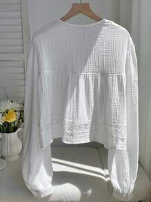 Comfortcana Camicetta oversize casual da donna a maniche lunghe, di colore tinta unita semplice con fiocco - Bianco - Visualizzare 2