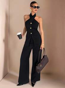 Chikora 大码女式休闲纯色时尚交叉吊带上衣和阔腿宽松裤套装秋季女装秋装返校服返校服返校节朴素复古服装女式复古风格韩版Tulum女士教师服装女式机场服装女式旅行服装机场复古风格女式街头服饰复古教师服装秋装秋装大码秋季服装商务休闲女装曲线乡村演唱会服装乡村服装女式休闲家居套装商务休闲女装曲线