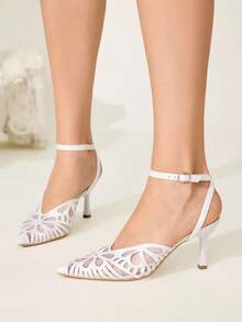 CUCCOO CHICEST Women's Pointed Toe High Heel Shoes, Elegant Commuter Romantic Sexy Fashion White Faux Suede Mesh Patchwork Ankle Strap Pumps, Suitable For Afternoon Tea, Date, Party, Workplace, Formal Occasions - White - View 5
