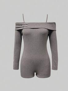 INAWLY Mono informal de mujer de unicolor con hombros abiertos y manga larga - Gris - Ver 4